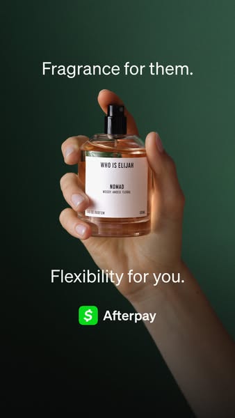 This ad promotes Who is Elijah's Nomad fragrance as a gift option, highlighting the flexibility of payment options t