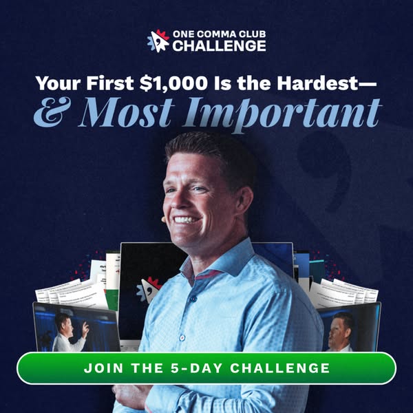 The ad is for the One Comma Club Challenge. The ad features a man smiling in front of a stack of books and laptops. The 