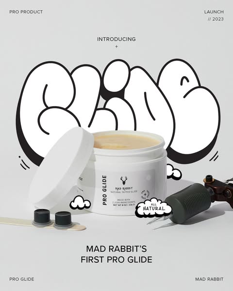 This image ad announces the launch of Mad Rabbit's Pro Glide natural tattoo glide product. The visual style incorpor