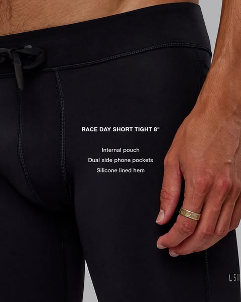 This ad showcases the features of the Race Day Short Tight 8" from LSI, highlighting its internal pouch, dual side 