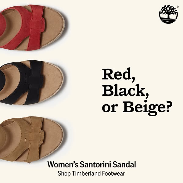 This image ad showcases three Santorini sandals from Timberland in different colors: red, black and beige. It uses a sim