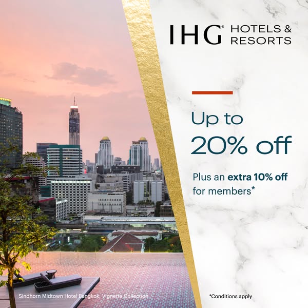 This image ad promotes IHG Hotels & Resorts, advertising a discount of up to 20% off, with an additional 10% off for