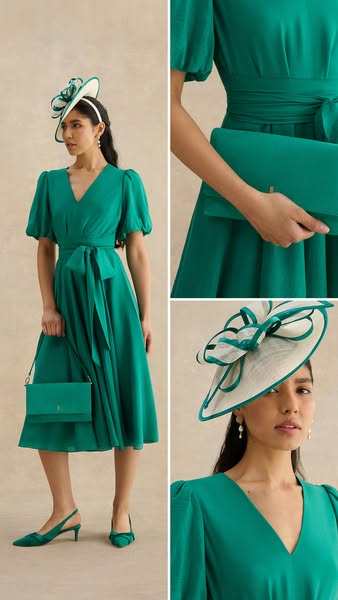 This ad features a woman wearing a green dress, hat, and shoes. The image is split into three sections to highlight the 