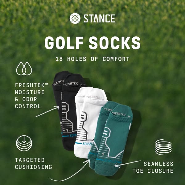 The ad is for Stance golf socks. It highlights the moisture and odor control, targeted cushioning, and seamless toe clos