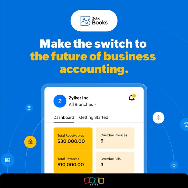 This ad promotes Zoho Books as the future of business accounting. It features a clean, modern interface and highlights k