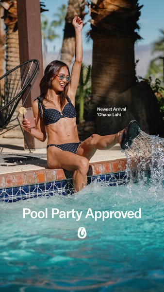 A woman in a polka dot bikini sits poolside with her leg splashing in the water. The ad promotes a new arrival swimwear 