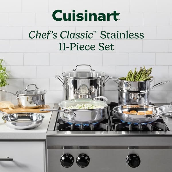 This image ad promotes a Cuisinart Chef's Classic Stainless 11-Piece Set, showcasing the set's variety of pots a