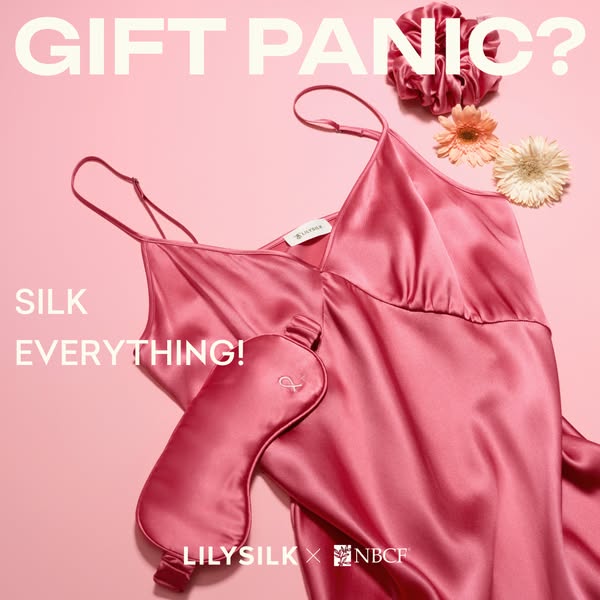 This ad is for LILYSILK and features a silk pajama set and eye mask. The ad is promoting the products as a gift idea.