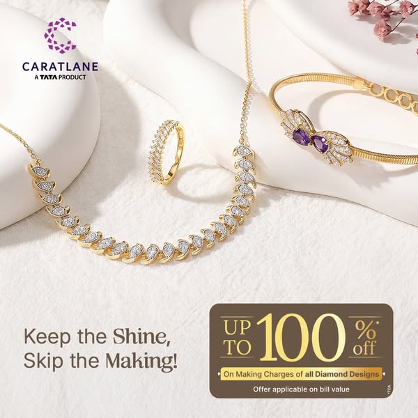 Image ad promoting CaratLane jewelry, specifically diamond designs, with an offer of up to 100% off on making charges. T