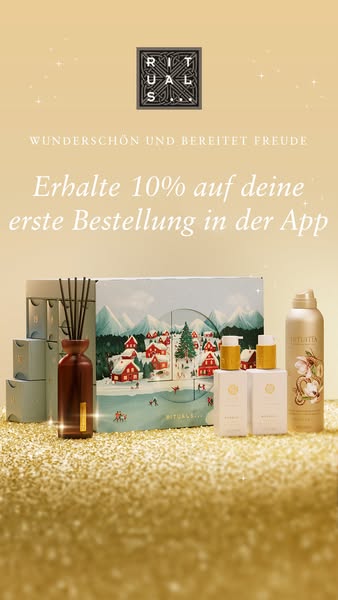 This ad for Rituals promotes a 10% discount on the first app order. The ad features a variety of Rituals products, inclu