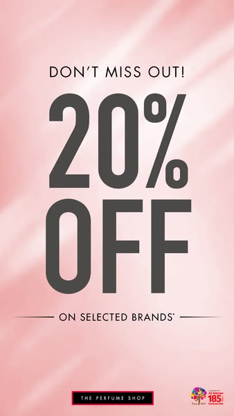This image ad from The Perfume Shop announces a 20% off sale on selected brands. The design features a pink background w