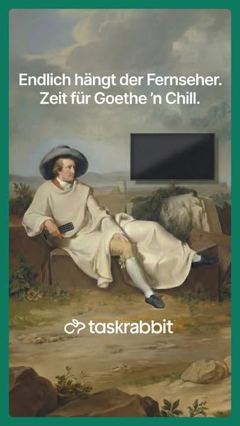 This ad for Taskrabbit uses a fine art painting and places a television in the background. The headline references Germa
