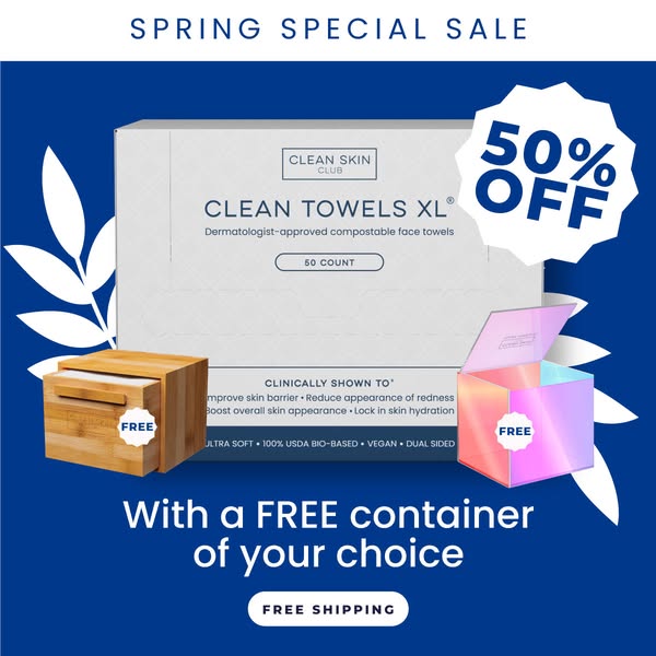 This ad promotes Clean Skin Club's Spring Special Sale, highlighting a 50% discount along with a free container of c