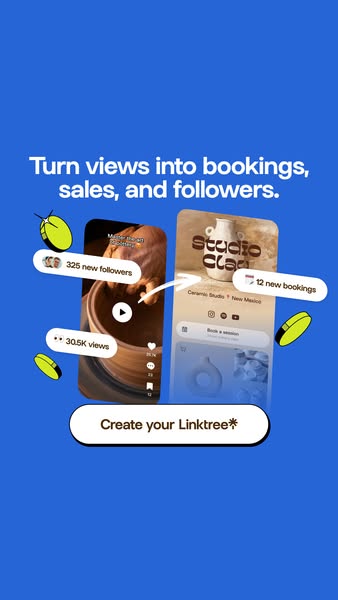 The ad is for Linktree, and it shows how views can turn into bookings, sales, and followers.
