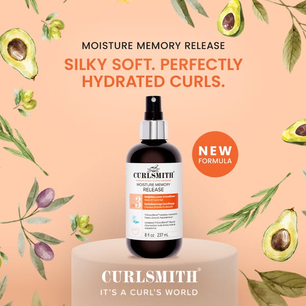 This ad for Curlsmith's Moisture Memory Release spray features the product against a peach background with watercolo