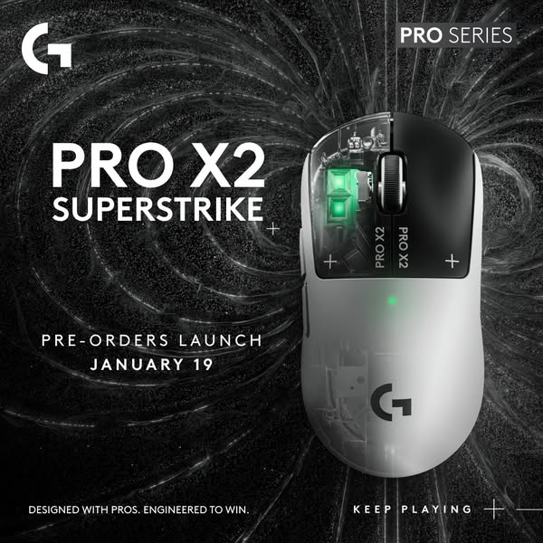 This image ad is promoting Logitech's PRO X2 SUPERSTRIKE gaming mouse. It highlights the product's design and pr
