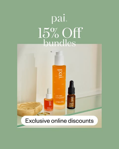 This image ad by Pai promotes a 15% discount on their product bundles. The ad features a variety of Pai skincare product