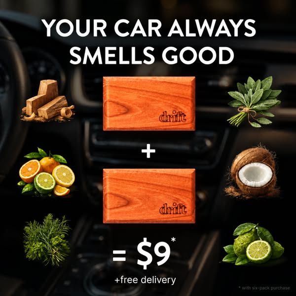 An image ad for Drift car air fresheners. The ad highlights various scents, presenting a simple formula: two scents comb