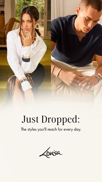 This ad promotes Lovisa jewelry. The image is split, featuring a woman on the left and a man on the right, each wearing 