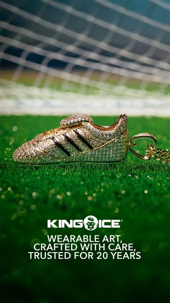 An ad showcasing a gold and diamond cleat pendant from King Ice, emphasizing its craftsmanship and longevity.
