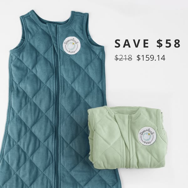This ad features two Dreamland Baby sleep sacks, showcasing a discount on the product.
