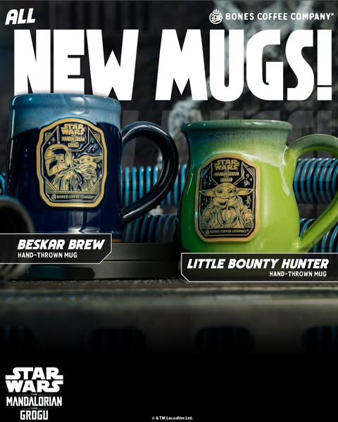 The image promotes Bones Coffee Company's new line of mugs featuring a collaboration with Star Wars: The Mandalorian