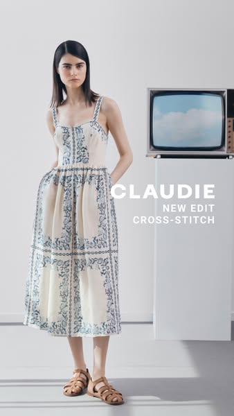 This ad features a woman modeling a white dress with blue stitching. The ad displays the product name in a large font ov