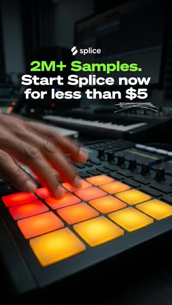 This ad for Splice features a close-up shot of a hand using a sample pad. The ad highlights the availability of 2M+ samp