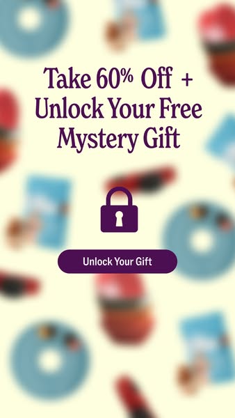 This ad promotes a limited-time offer from a brand offering a 60% discount and a free mystery gift. The background featu