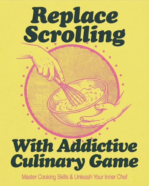 This image ad promotes a cooking-themed game as an alternative to excessive phone scrolling. The design is retro-inspire