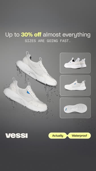 This ad for Vessi waterproof shoes uses an offer and scarcity to attempt to drive conversions.