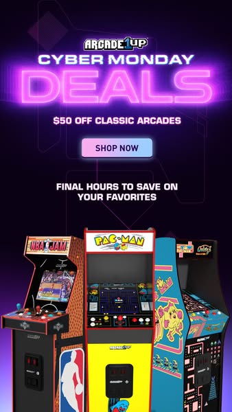 This image ad promotes Arcade1Up's Cyber Monday deals, offering $50 off classic arcades. It features three arcade ma