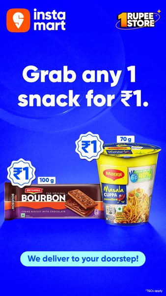 This image ad from Instamart promotes a limited time offer where customers can purchase select snacks for 1 Rupee. The a