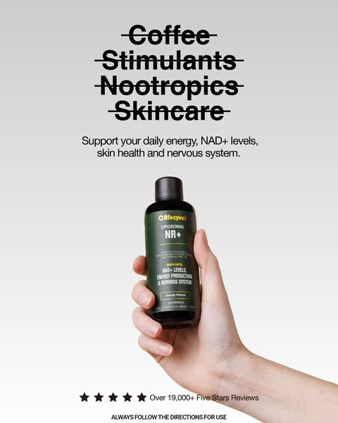 This image ad for Olifecykel Liposomal NR+ presents the product as an alternative to coffee, stimulants, nootropics, and