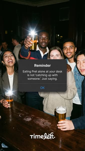 The image ad shows a group of diverse, happy friends enjoying drinks together, contrasting with a reminder notification 