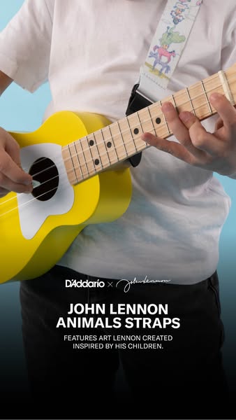 This image ad showcases John Lennon Animal Straps made by D'Addario, which feature art Lennon created inspired by hi