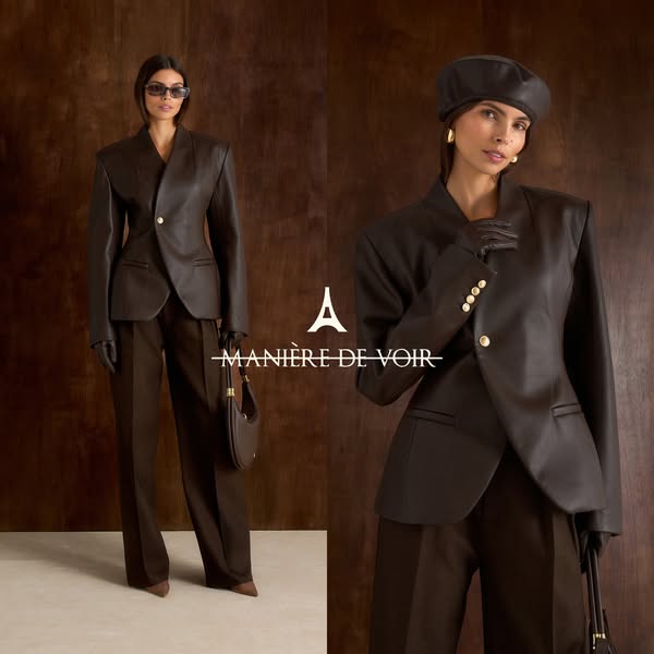 This ad showcases a woman wearing a brown leather blazer and matching pants from Manière De Voir. The ad uses a split-sc