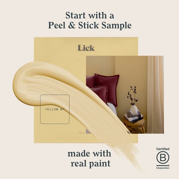This ad showcases Lick's peel and stick paint samples with a visual representation of the product being applied on a