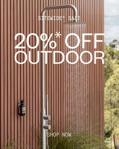 This ad promotes a sitewide sale of 20% off outdoor items. The image features an outdoor shower with running water, with