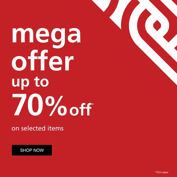 The image ad promotes a mega offer of up to 70% off on selected items.