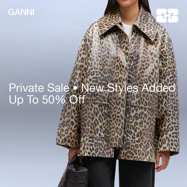 This ad features GANNI clothing, specifically highlighting a printed jacket. It includes a private sale offering up to 5