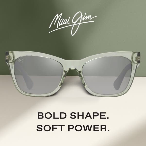 This image ad showcases Maui Jim sunglasses, emphasizing their bold shape and soft power. The ad features a close-up of 