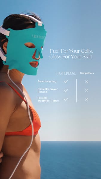 This ad for HigherDOSE features a woman wearing the brand's light therapy face mask. The ad highlights the product&#