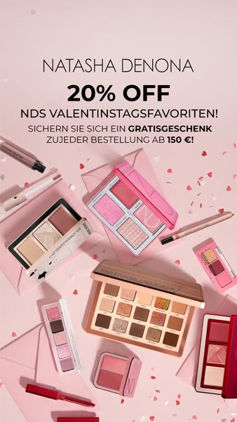 Image ad featuring multiple Natasha Denona makeup palettes and pencils on a light pink background. The ad promotes a 20%