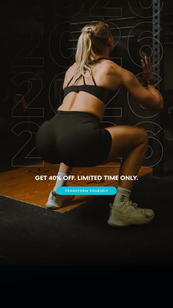 This image ad features a woman doing squats in a gym setting. The ad promotes a limited-time offer of 40% off and encour