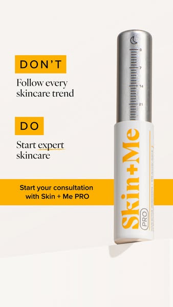 This image ad highlights the benefits of using Skin + Me PRO for skincare, contrasting it with following skincare trends