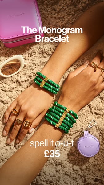 This ad showcases a green and white rope-like bracelet with the option to customize with gold letter beads. There is als