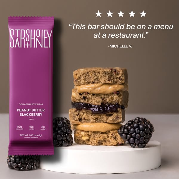 This ad features a Sarshney peanut butter blackberry collagen protein bar. The ad includes a testimonial from Michelle V