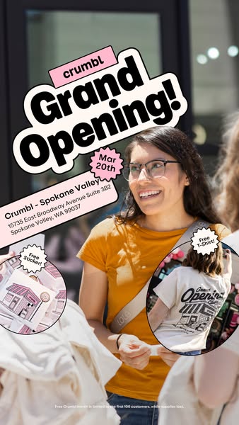 The ad announces the grand opening of Crumbl Cookies in Spokane Valley, WA. It features a woman smiling and wearing a t-