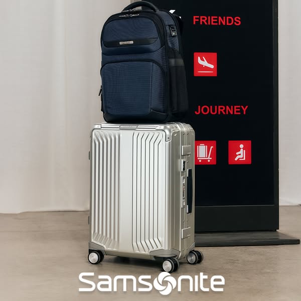 This ad showcases a Samsonite suitcase and backpack, emphasizing their suitability for travel. The visual elements and b